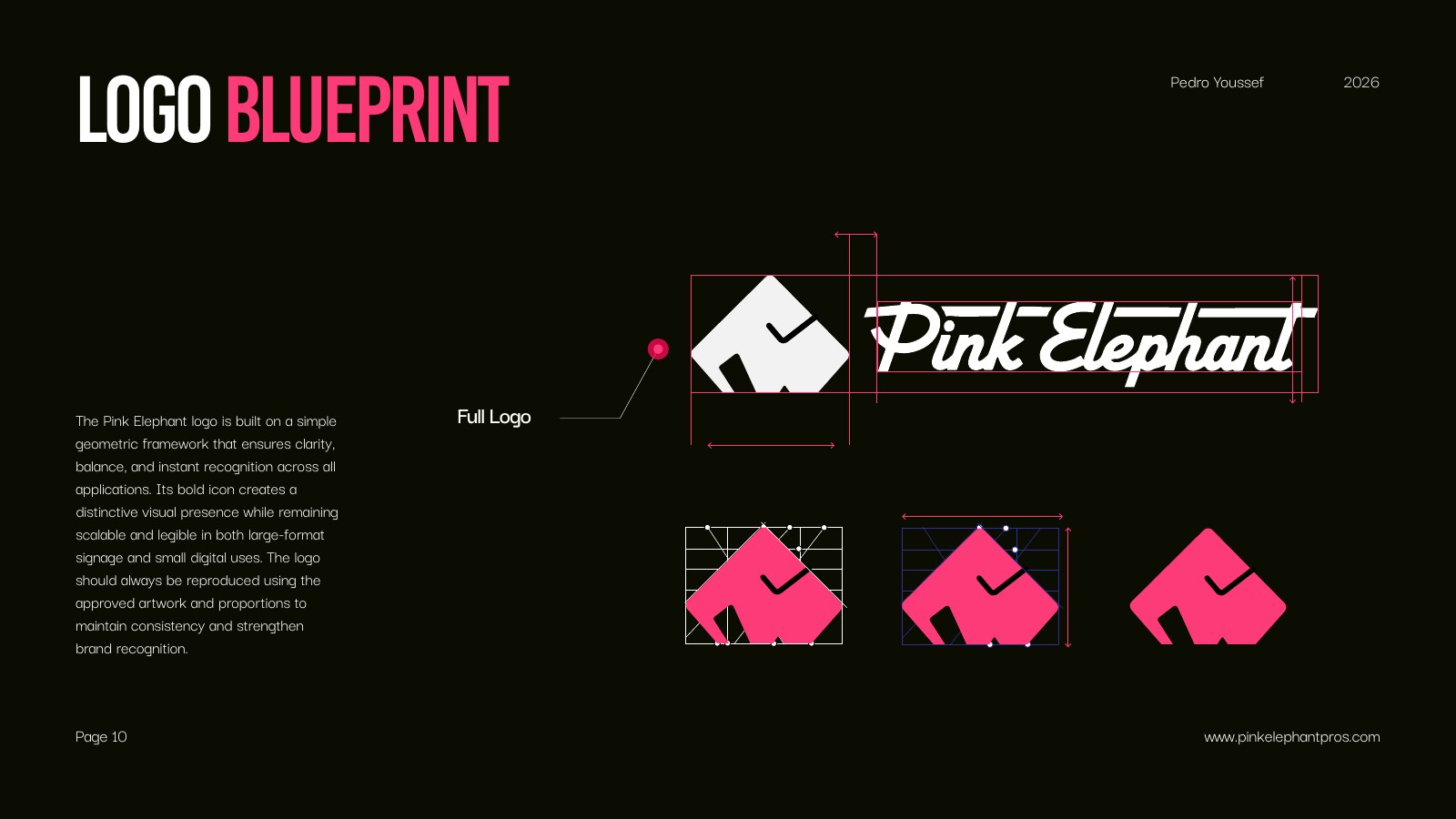 Pink Elephant logo blueprint and responsive variations