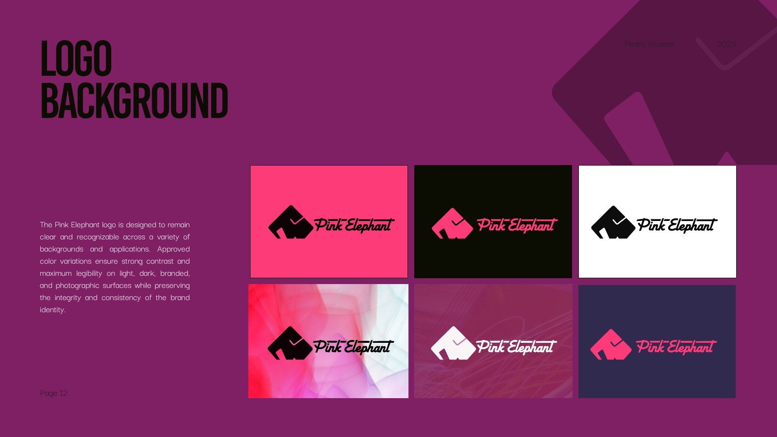 Pink Elephant logo shown on approved brand backgrounds