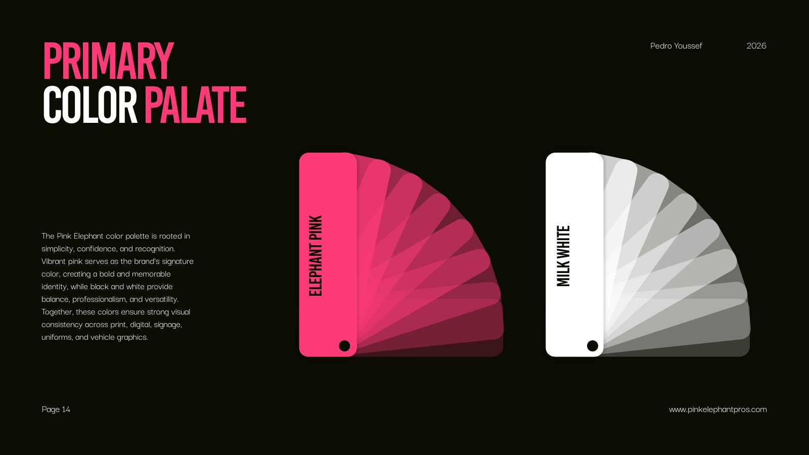 Pink Elephant primary color palettes displayed as paint swatches