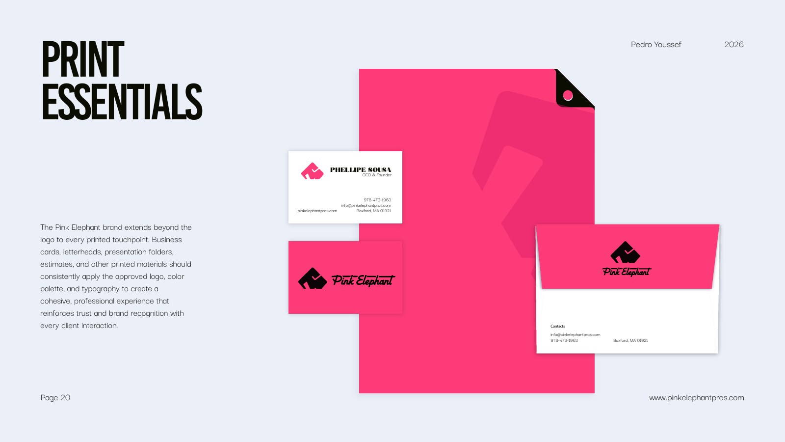 Pink Elephant stationery, folder, business card, and letterhead system