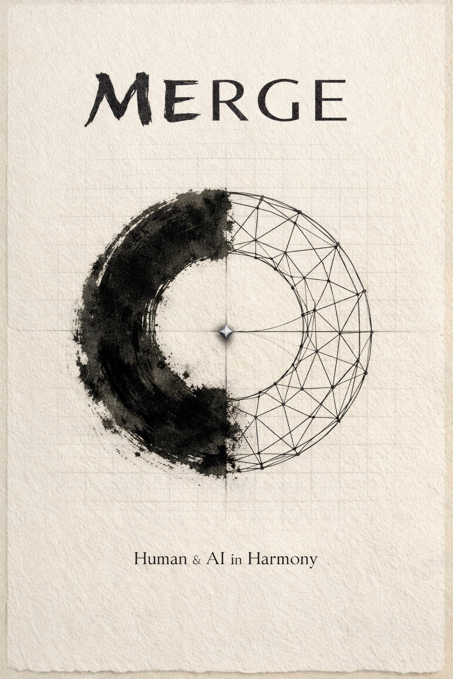 Merge cover combining a painted ink circle with a precise wireframe structure