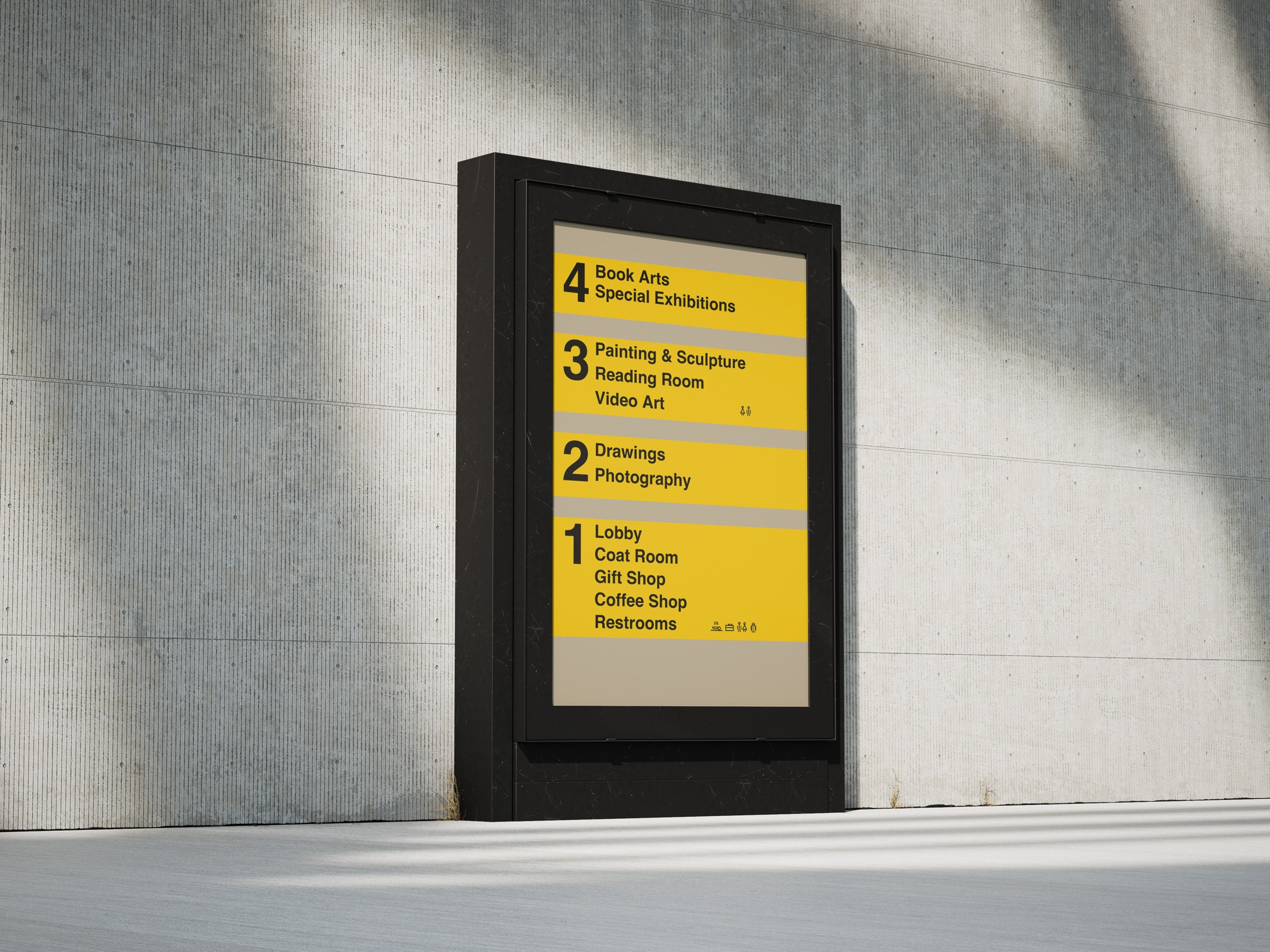 Wayfinder directory installed in a concrete museum interior